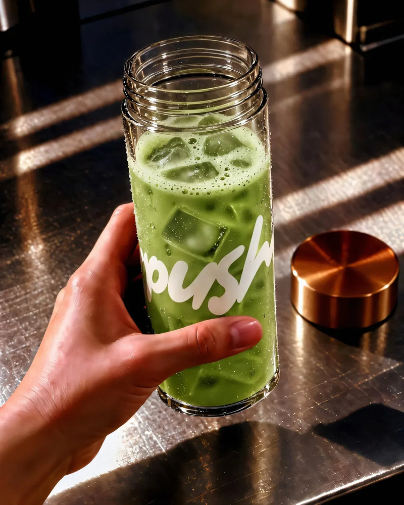 A hand lifts the Push tumbler of iced matcha toward the camera
