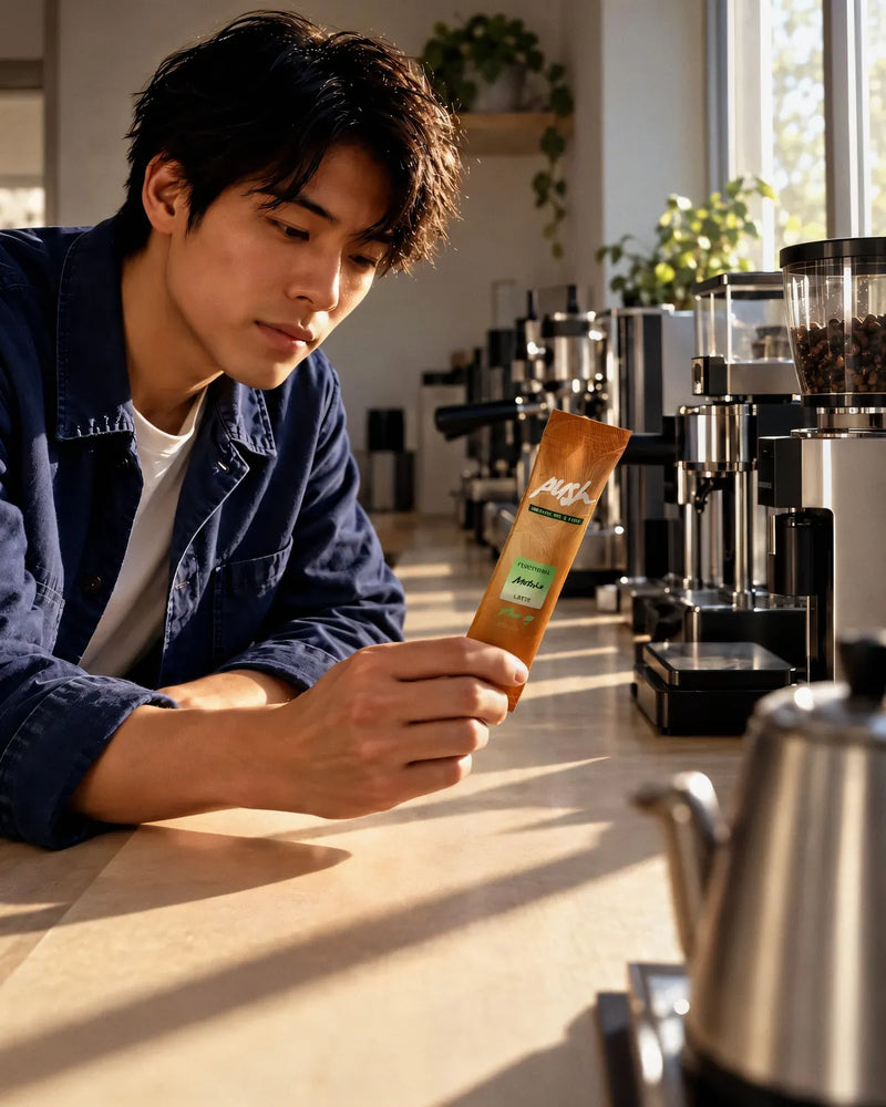 A man at a counter of espresso machines looks at a Push stick