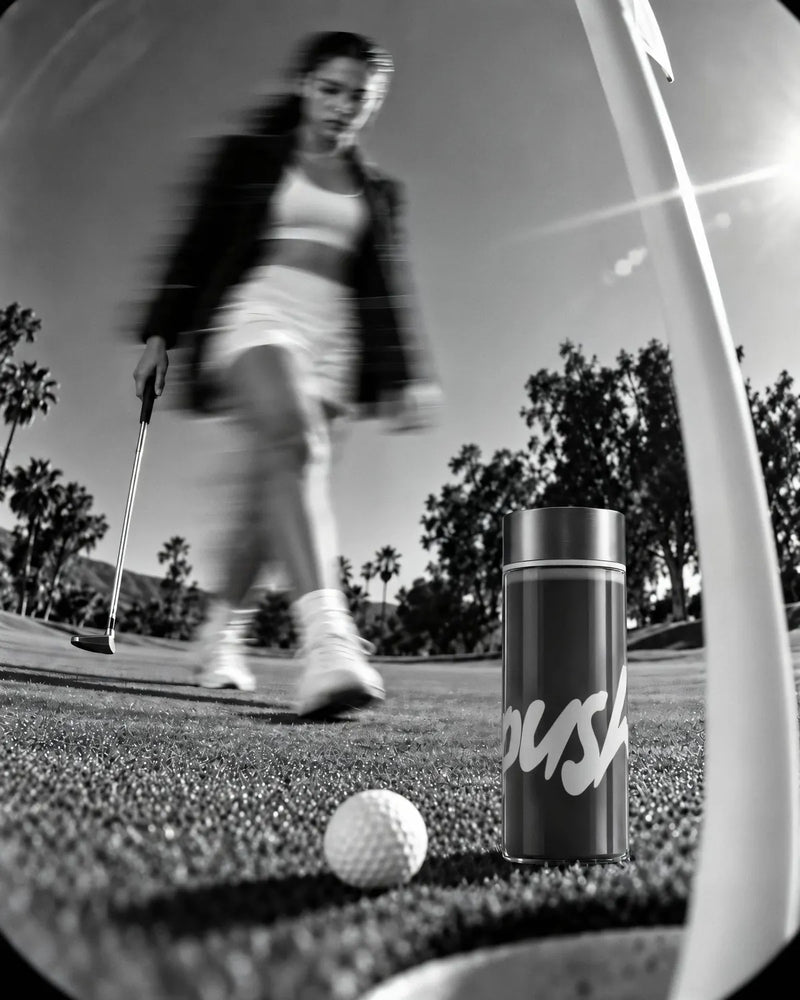 A golfer walks the line of her putt, blurred by motion, the Push tumbler on the green
