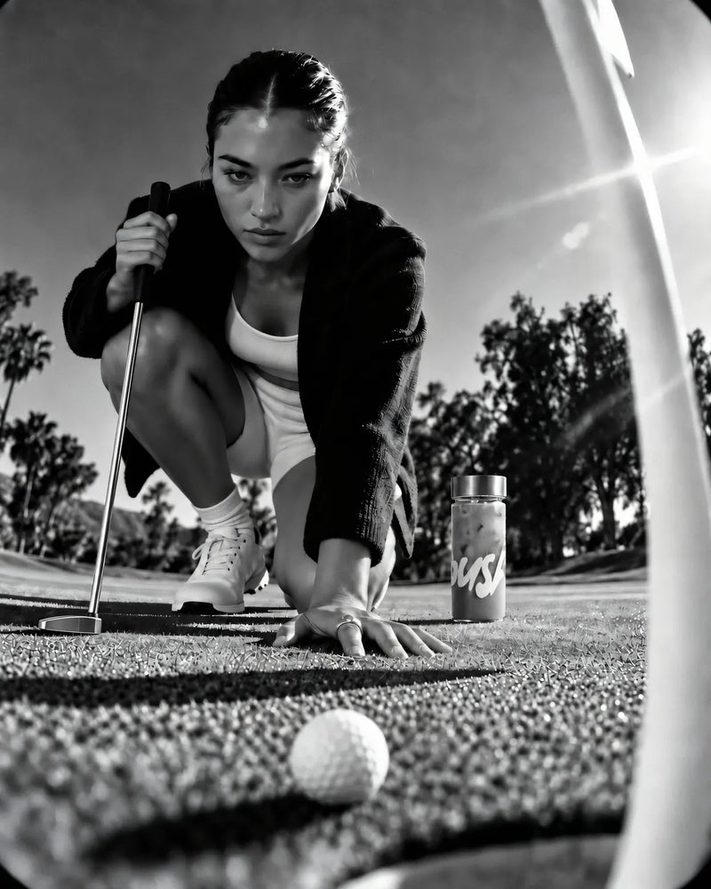 A golfer crouched behind the ball reading the putt, the Push tumbler beside her