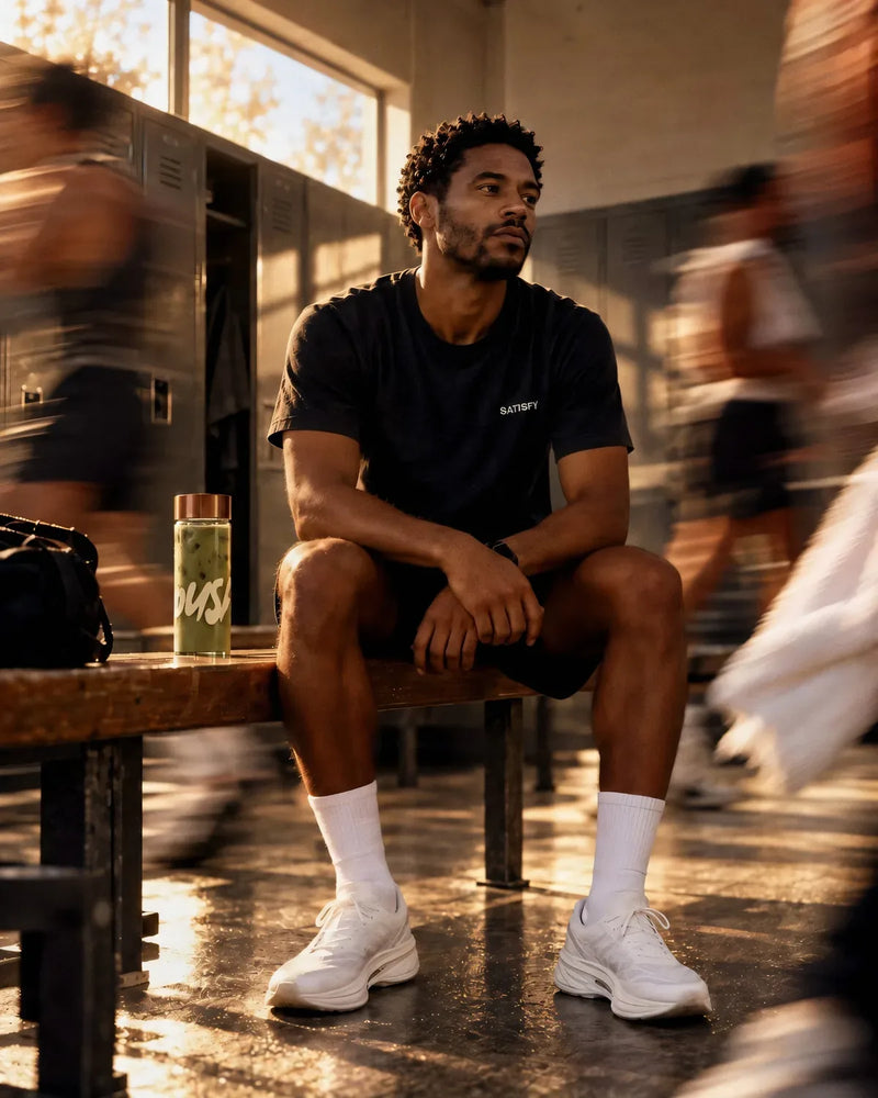 A man rests on a locker room bench with the Push tumbler while the gym blurs past
