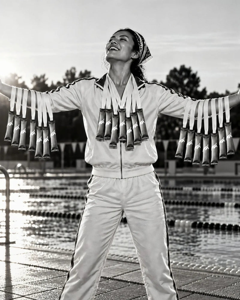 A swimmer on the pool deck, arms wide, Push sticks hanging from ribbons like medals