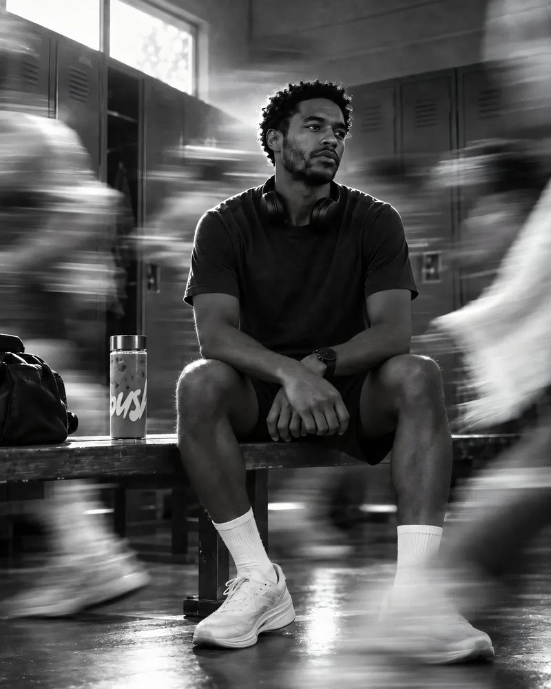 A man rests on a locker room bench with the Push tumbler while the gym blurs past
