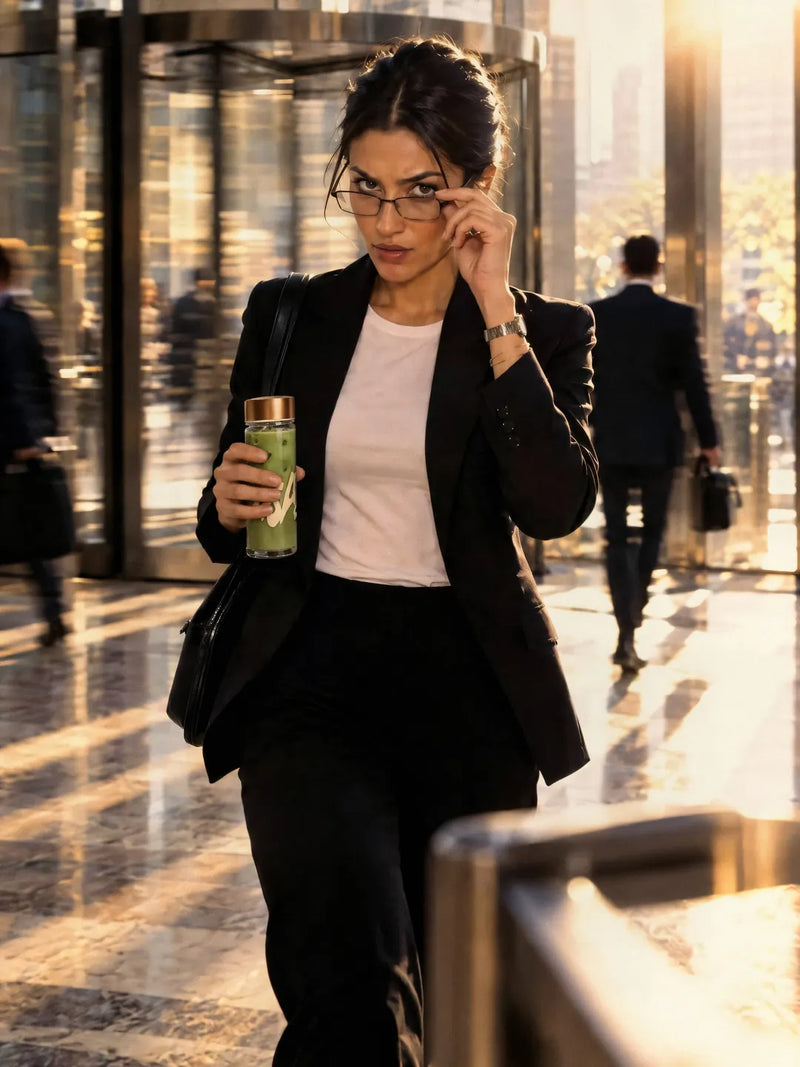 A woman in a blazer crosses an office lobby lowering her glasses, Push tumbler in hand
