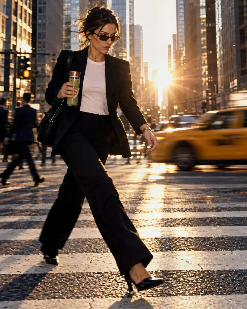 A woman in a blazer strides across a downtown avenue at sunrise with the Push tumbler