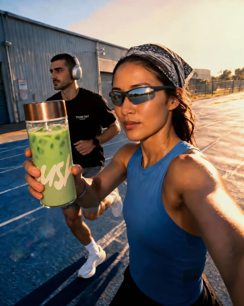 A runner's selfie on a blue track at sunrise, the Push tumbler held to the lens, a man running behind